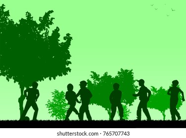 Little boys playing with ball, football in park silhouette. Layered vector illustration
