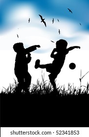 Little boys playing with ball on summer field