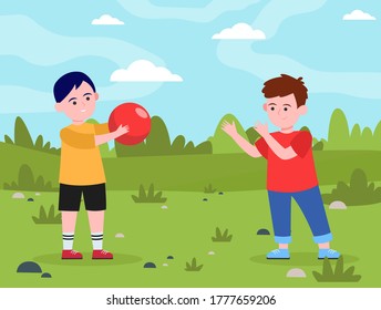 Little boys playing with ball together. Game, meadow, kid flat vector illustration. Weekend and childhood concept for banner, website design or landing web page