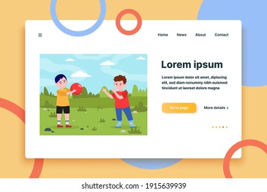 Little boys playing with ball together. Game, meadow, kid flat vector illustration. Weekend and childhood concept for banner, website design or landing web page
