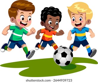 Garotinhos jogando futebol com crianças em roupas esportivas correndo atrás de uma bola de futebol Vetor