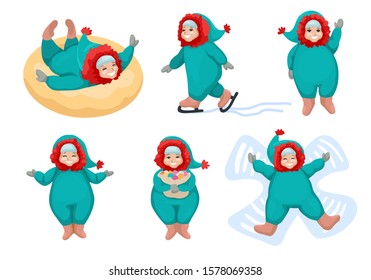 Little boys playing outdoors in winter. Set of children in different poses making winter activities. Kids dressed up in overall. Isolated on white background. Flat vector cartoon illustration.