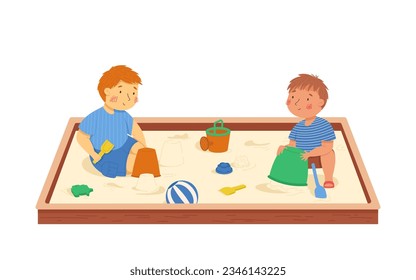 Little boys playing in the sandbox. Vector illustration. Summer activities. Kids have fun outside. Funny character. Isolated on a white background