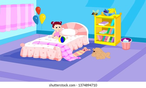  little boys playing with toy children's room, interior, furniture, Dog vector illustration