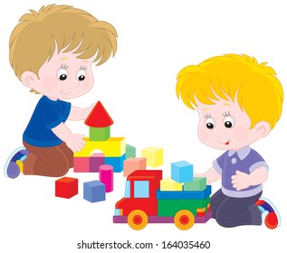 Little Boys Playing Toy Truck Bricks Stock Vector (Royalty Free) 164035460