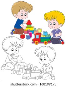 Little boys playing with a toy truck and bricks