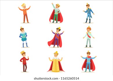 Little Boys In Prince Costume With Crown And Mantle Set Of Cute Kids Dressed As Royals Illustrations