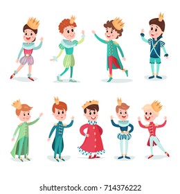 Little boys in prince costume with crown, cute cartoon characters set colorful vector Illustrations