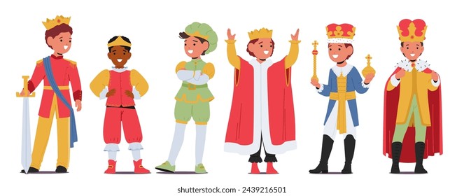 Little Boys In Prince Or King Costumes Radiate Regal Charm, Adorned In Velvet Capes, Golden Crowns And Scepters Embodying Fairytale Majesty With Youthful Innocence And Joy. Cartoon Vector Illustration