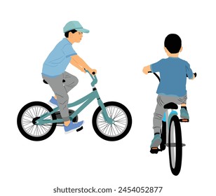 Little boys riding bicycle vector illustration isolated. Kids enjoy in ride bike. Active children drive outdoor. Summer leisure time. Happy boys friends and brothers. Son birthday gift toy.