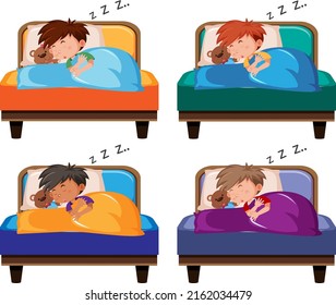 Little boys sleeping on beds illustration