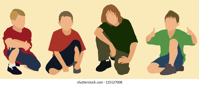 Little boys squatting or kneeling