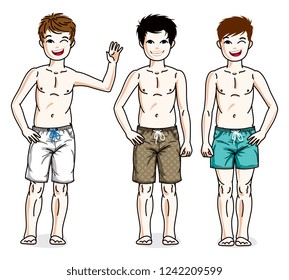 Little boys standing wearing fashionable beach shorts. Vector diversity kids illustrations set.