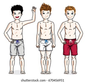 Little boys standing wearing fashionable beach shorts. Vector diversity kids illustrations set. Childhood and family lifestyle cartoons.