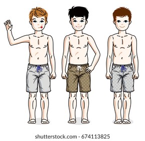 Little boys standing wearing fashionable beach shorts. Vector diversity kids illustrations set. Childhood and family lifestyle cartoons.