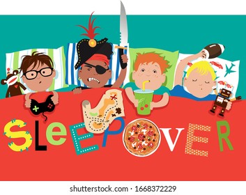 Little Boys With Toys And Food At A Sleepover Party,  EPS 8 Vector Illustration