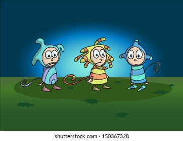 Little boys in unusual halloween costumes. Cartoon. 