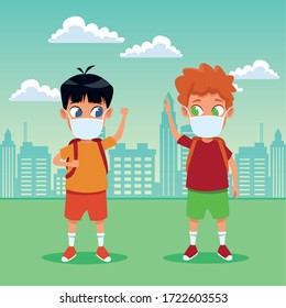 little boys using face masks for covid19 in the camp vector illustration design