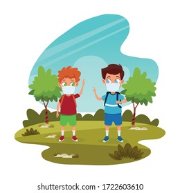 little boys using face masks for covid19 in the camp vector illustration design