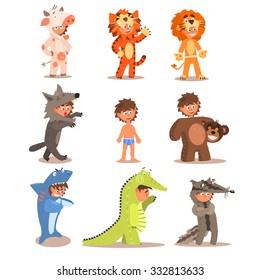 Little Boys Wearing Animal Costumes. Vector Illustration Set