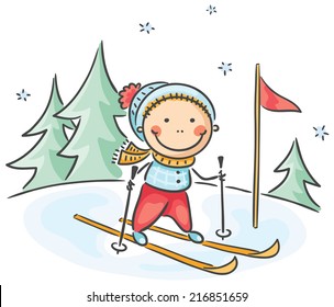 Little boy's winter activities: skiing