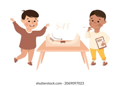 Little Boys Working on Physics Science Experiment with Speed Vector Illustration