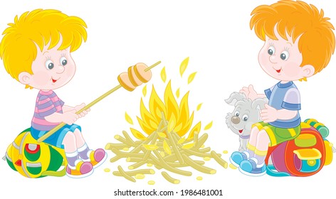 Little boy-scouts with a small pup in a forest camp, friendly smiling, talking and roasting bread on campfire, on summer vacation, vector cartoon illustration isolated on a white background