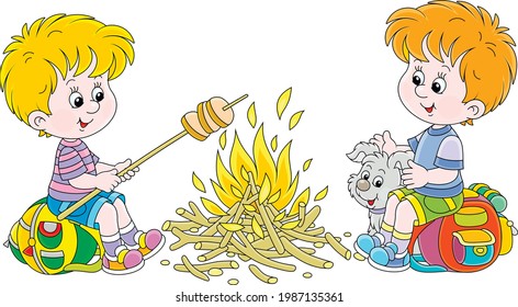 Little boy-scouts with a small pup in a forest camp, friendly smiling, talking and roasting bread on campfire, on summer vacation, vector cartoon illustration isolated on a white background