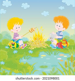 Little boy-scouts with a small pup in a forest camp, friendly smiling, talking and roasting bread on campfire, on summer vacation, vector cartoon illustration