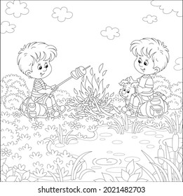 Little boy-scouts with a small pup in a forest camp, friendly smiling, talking and roasting bread on campfire, on summer vacation, black and white outline vector cartoon illustration