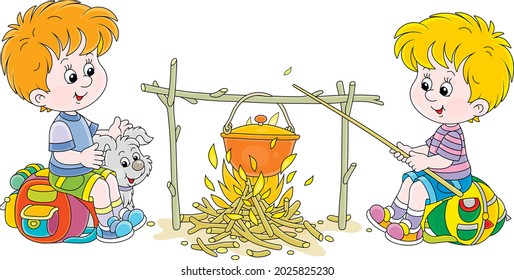 Little boy-scouts with a small pup in a forest camp, friendly smiling, talking and cooking tasty soup in a tourist pot on campfire, on summer vacation, vector cartoon illustration