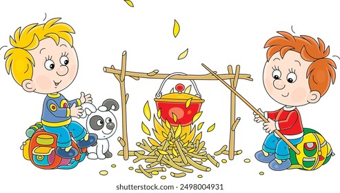 Little boy-scouts with a small pup in a forest camp, friendly smiling, talking and cooking tasty soup in a tourist pot on campfire, vector cartoon illustration on a white background