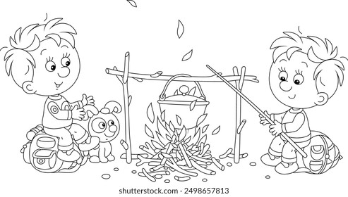 Little boy-scouts with a small pup in a forest camp, friendly smiling, talking and cooking tasty soup in a tourist pot on campfire, black and white outline vector cartoon