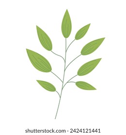 Little branch with green leaves over white background. Vector graphics. Artwork design element. Cartoon design for poster, icon, card, logo, label.