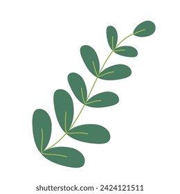 Little branch with green leaves over white background. Vector graphics. Artwork design element. Cartoon design for poster, icon, card, logo, label.