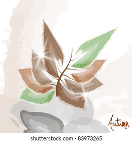 A little branch with leafs on rocks. Autumn painting |  background. Vector illustration.