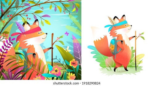 Little brave fox adventure in the forest backpacking, character and landscape design for kids. Children summer travel and camping wild fox. Vector drawing in watercolor style.