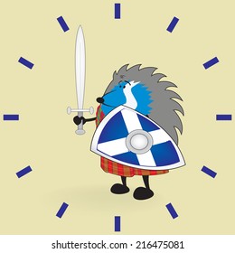 Little brave scottish hedgehog in kilt holding shield and sword vector illustration/Little brave scottish hedgehog clock pattern