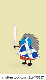 Little brave scottish hedgehog in kilt holding shield and sword vector illustration/Little brave scottish hedgehog