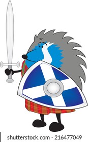 Little brave scottish hedgehog in kilt holding shield and sword vector illustration/Little brave scottish hedgehog isolated on white background