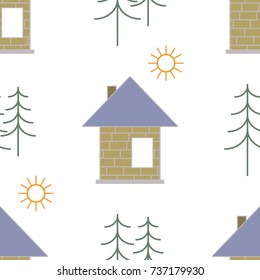 Little brick house, a pine tree and rising sun. Cartoon vector illustration isolated on white background. Seamless pattern