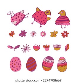 Kleine, lustige Vögel, Ostereier mit botanischen Elementen setzen Doodle-Stil. Happy Osterhandgezeichnet einzeln auf weißem Hintergrund. Frühlingsferien. Frohe Ostern! Vektorgrafik.