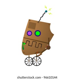 Little broken robot on white background