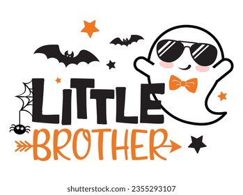 Little Brother Halloween vector illustration with cool ghost, stars, spider and bats. Boys Halloween design isolated.