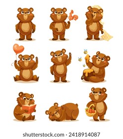 Little Brown Bear Cub Character with Cute Snout Vector Set