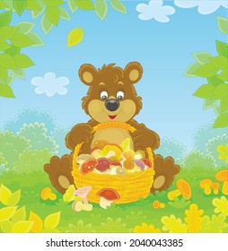 Little brown bear mushroomer friendly smiling and sitting with a big wicker basket full of picked mushrooms on an autumn forest glade, vector cartoon illustration
