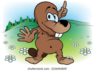 Little Brown Beaver Pointing with his Finger - Cartoon Illustration Isolated on White Background, Vector