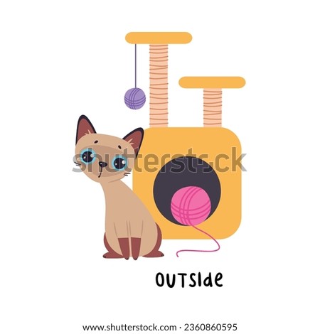 Little Brown Cat Outside Scratching Post as English Language Preposition for Educational Activity Vector Illustration