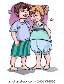 Little brown hair boy and ginger hair girl wearing soft color cozy pajama and nightdress. Stays sleepy and yawning, preparing for beadtime in bedroom. Happy brother and sister. Sleepwear design vector