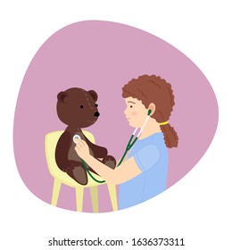 Little brown hair girl playing a doctor with plush teddy bear toy. Kid examining patient. Isolated flat cartoon vector for print and web projects
